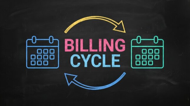 Illustrative billing cycle diagram showing recurring payment calendar arrows with indicating repetitive financial connected directional arrows