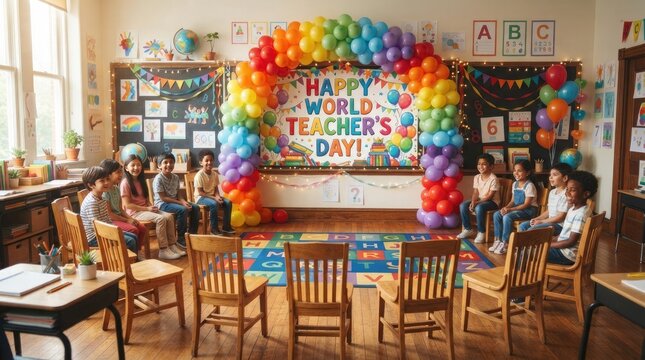 Happy classroom celebrating World Teachers Day