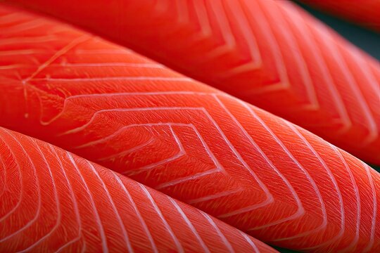 Close-up of vibrant, raw fish fillets showing textured flesh and fatty lines