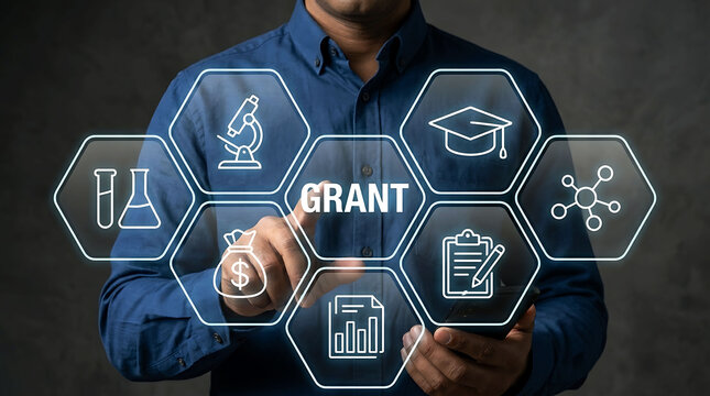 Businessman pressing grant funding icon for research science education