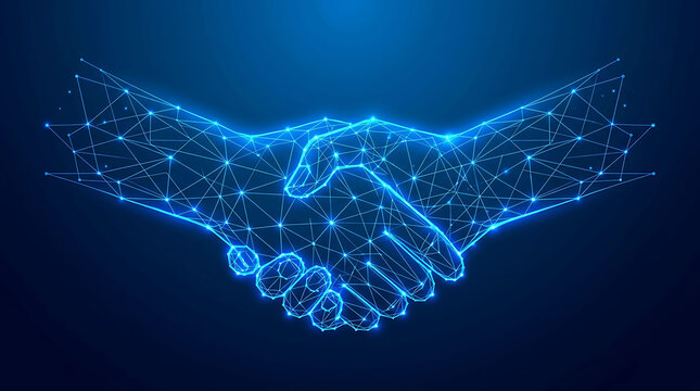 Futuristic digital glowing blue low poly business handshake background