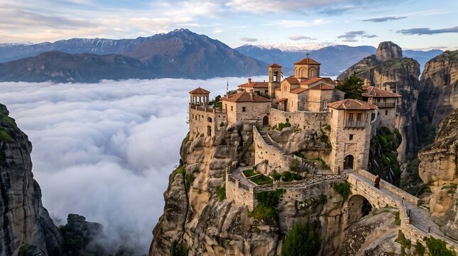 Monastery atop meteora rock formations above clouds in greece with monastery