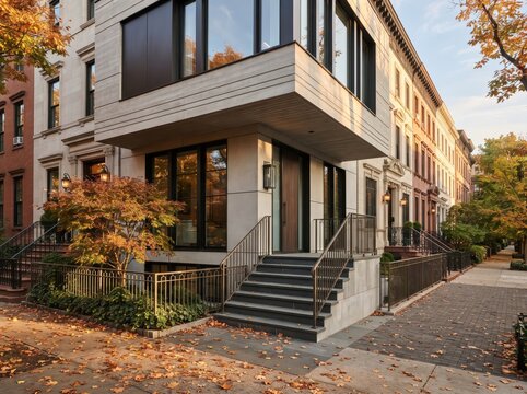 Modern cantilevered townhouse entrance with autumn sidewalk
