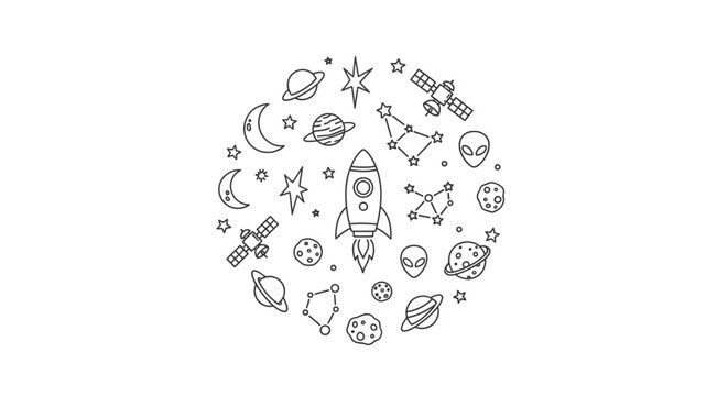 Central rocket ship within circular space icons.