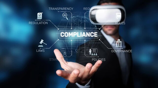 A businessman engages with virtual compliance concepts, showcasing the intersection of technology and regulation through innovative digital interaction, perfect for modern training. Raster
