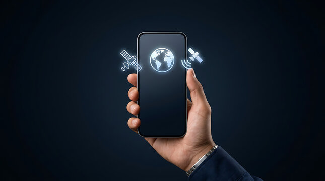 Hand holding smartphone with global icons. Mobile device showing digital satellite network.