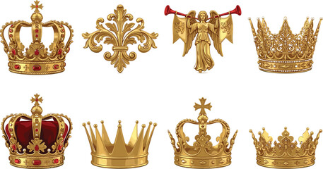 Obraz premium Luxury Golden Royal Crown and Heraldic Emblem Vector Set Featuring Ornate Imperial Crowns Fleur De Lis And Trumpet Angel Isolated On White Background