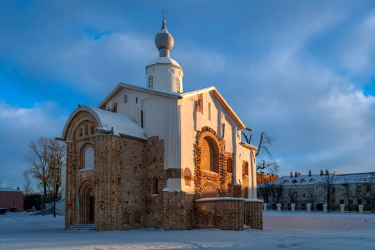 Church of St. Paraskevi (Paraskevy Pyatnitsy na Torgu) on the territory of Yaroslavovo Dvorishche on a sunny winter day, Veliky Novgorod, Russia