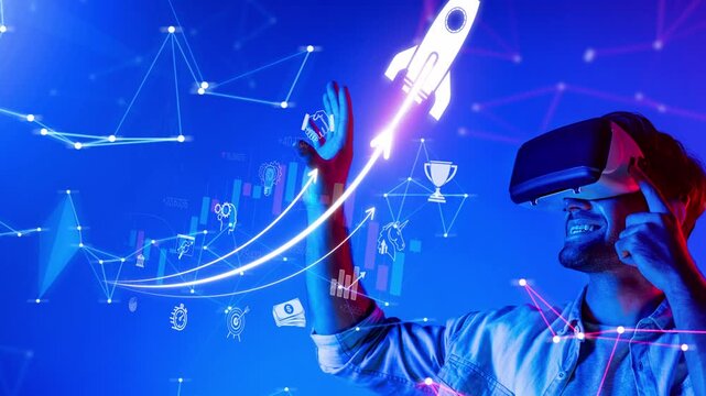 Young Man Experiencing Virtual Reality Technology with Digital Graphics of Charts and Icons in a Futuristic Environment Sigmoid