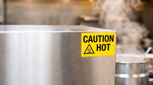 Yellow caution hot sign on commercial kitchen steel appliance