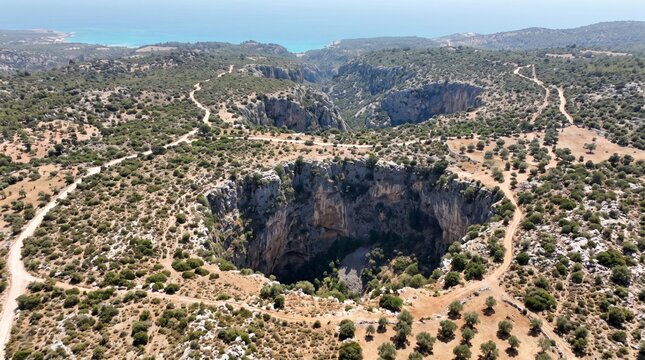 Turkey Cennet Cehennem Sinkholes Wide Aerial Landscape