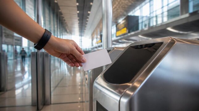 close-up composition focusing on a premium RFID reader integrated into a modern transportation speed gate