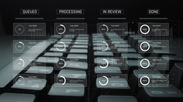 Task management tool dashboard showing kanban-style workflow with columns for to do, in progress, in review, and done, including task cards, progress, and team icons Marrow