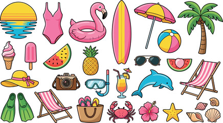 Obraz premium Summer Beach Vacation Icon Set with Surfboard Flamingo Float Swimsuit Palm Tree Beach Chair Umbrella Sunglasses and Tropical Elements Vector