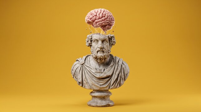 Human brain floating above antique marble bust on a yellow background