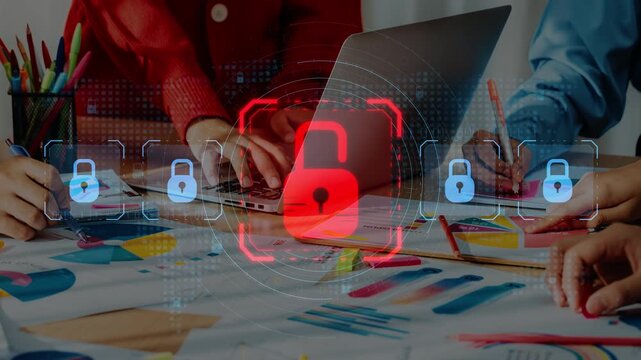 A modern office scene showcasing a collaborative team engaged in creative planning, with a digital padlock symbol representing cybersecurity and data protection. Raster