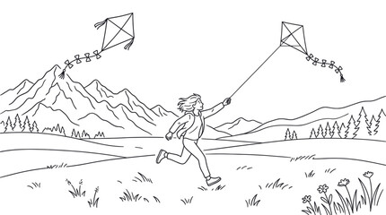 Girl flying kite in mountain valley landscape line art.