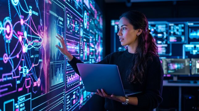 Young female engineer interacting with digital data visualization screen