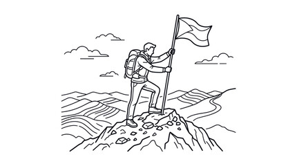 Fototapeta premium Hiker planting flag on mountain peak line art.