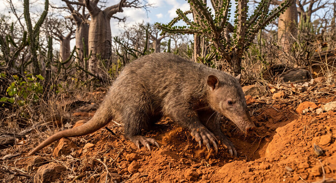 A long nosed streaked tenrec digging into the red soil with its claws in a dry forest landscape with baobab trees and spiny plants