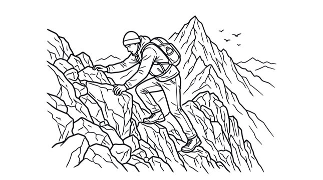 Man scrambling up a steep rocky mountain ridge.