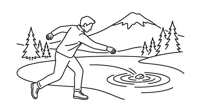 Man skipping stones across calm lake in mountain valley.