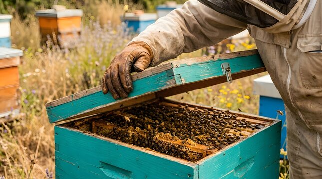 Beekeeper Inspecting a Beehive Full of Honeycomb and Bees.