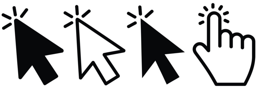 Computer mouse cursor and hand pointer icons designed for website navigation, user interface, web interaction, clicking, and selection, vector