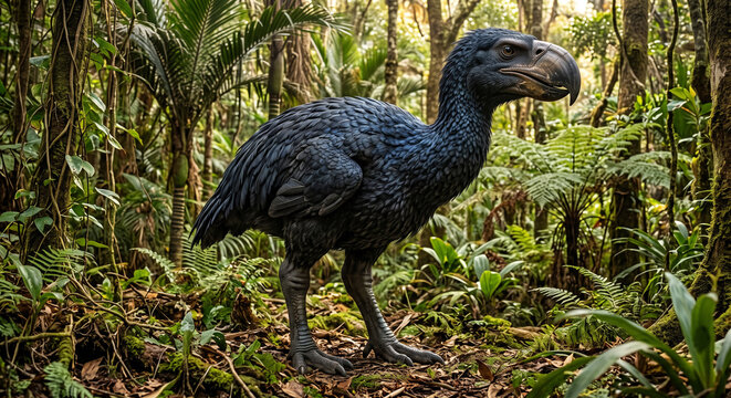 Large flightless bird with dark feathers and a thick beak standing in a lush green jungle environment with dense foliage and trees