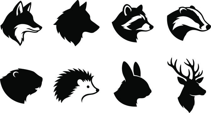 Wild Forest Animal Head Silhouette Collection with Fox Wolf Deer Rabbit and Woodland Wildlife