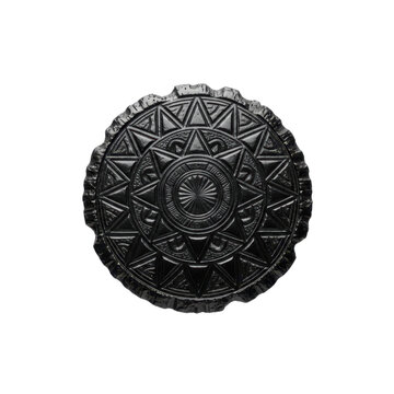 Black Circular Ornamental Plate with Intricate Geometric Sun Pattern