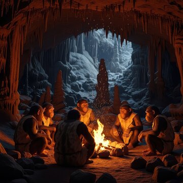 Ancient primitive hominids gather inside a dark limestone grotto around a glowing orange fire, capturing a prehistoric lifestyle scene, flames, interior, gathering