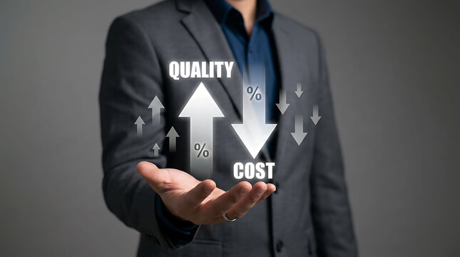 Businessman holding high quality and low cost arrow concept graph