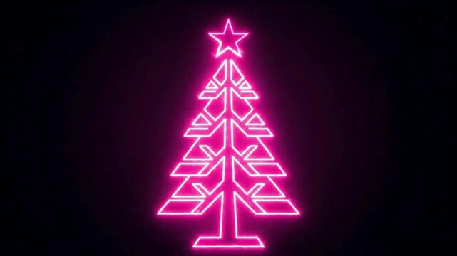 Pink glowing neon christmas tree silhouette against dark background glow holiday light design
