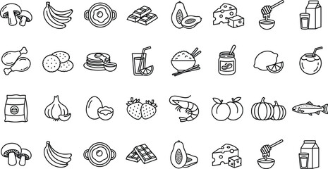 Obraz premium Large food and grocery line icon set including fruits vegetables meat dairy snacks and cooking ingredients outline vector