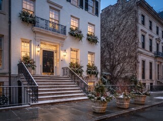 Fototapeta premium Townhouse entrance with snowy stone steps and large sidewalk planters
