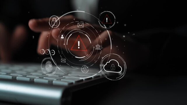 Conceptual cybersecurity image with hands on keyboard, warning signs, icons, and digital effects representing threats and data protection in technology environment. Entropy.