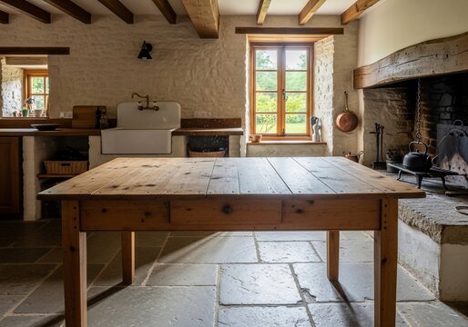 A Hearth's Welcome: Sunlight paints this rustic kitchen, hinting at stories shared around its time-worn table.