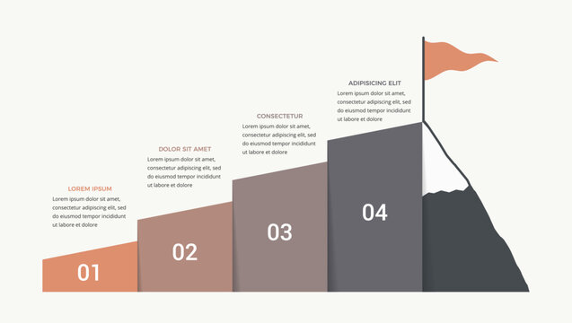 Infographic template showing four steps leading to a mountain peak with a flag, representing business growth and achievement of goals