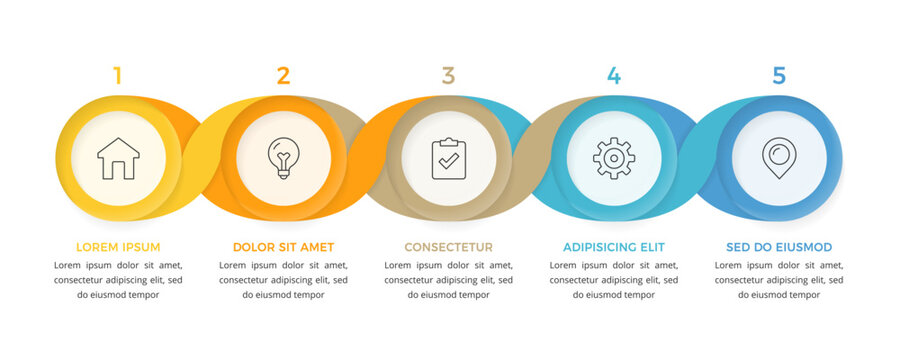 Infographic template with five circular elements connected by a flowing wave ribbon, suitable for data visualization, workflow and business process presentations