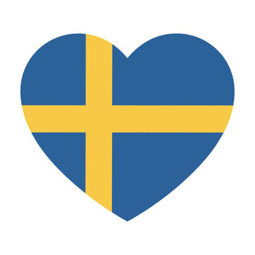 Minimalist heart shape featuring a yellow Nordic cross on a blue background representing the Swedish flag isolated on white, national identity concept