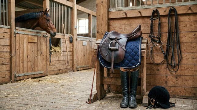 A dark, rustic stable interior showcases a brown horse standing calmly. A well-worn leather saddle rests on a padded blanket, accompanied by a bridle, reins, and riding boots.