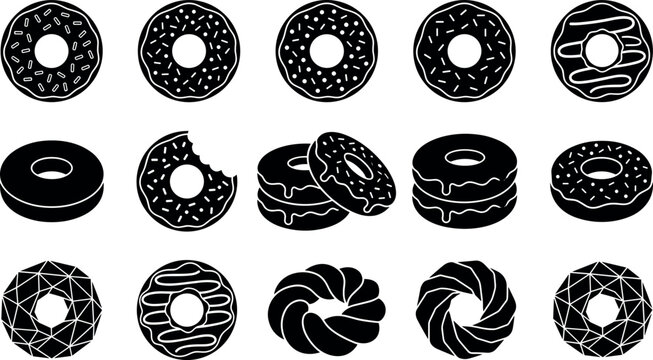 Sweet donuts and glazed pastries black silhouettes vector set with geometric sprinkles and cruller icons isolated on white background