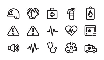 Fototapeta premium Medical emergency and safety line icons including ambulance heartbeat stethoscope medical kit fire safety.