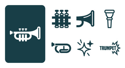 Minimal dark teal trumpet icon set featuring flat vector illustrations of musical instrument parts like valves, bell, mouthpiece, and tubing on a white background. © Lie Fei Yu