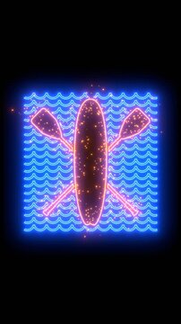 Stand up paddle boarding emblem loop animation. Neon glowing. Surfboard and paddles.