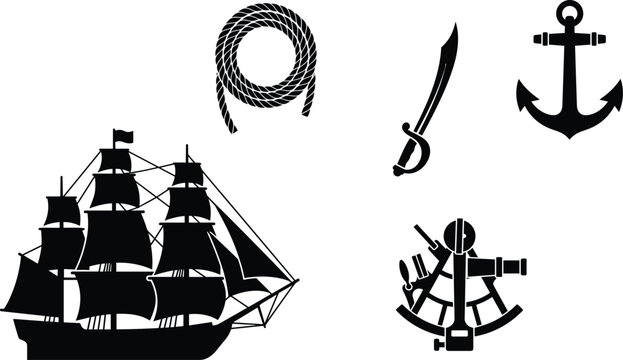Vintage Nautical and Pirate Silhouette Vector Set with Sailing Ship,
