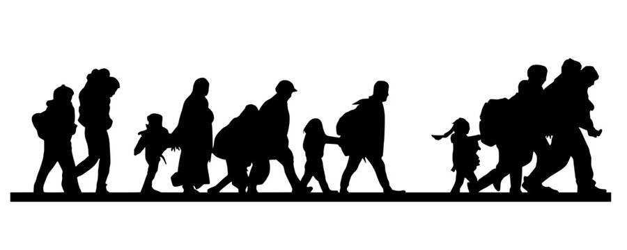 Black vector silhouette of refugees, families, and children walking with backpacks, migrating, seeking asylum or escaping war.
