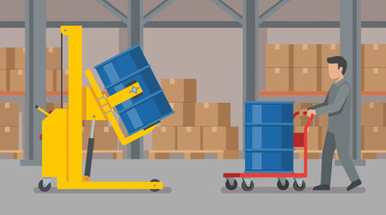 Naklejka premium Chemical Drum Handling Tilter and Drum Trolley in Warehouse