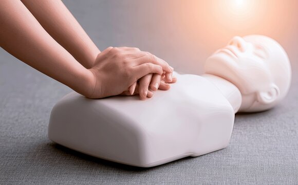 A person practicing CPR compressions on a medical training dummy